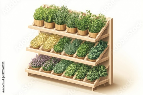 Display of various herbs and plants in wooden shelving.