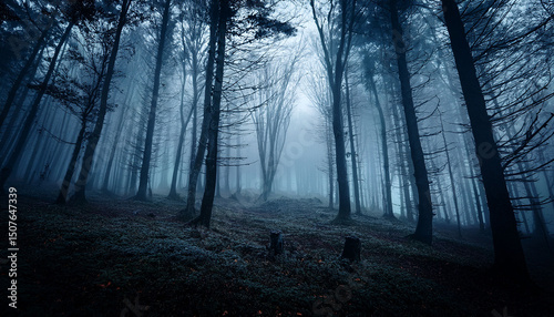 dark forest horror background with fog