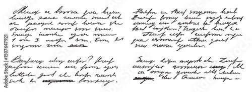 unreadable handwriting template, paragraphs and sentences. Doodle hand drawn of unreadable text on a white background.