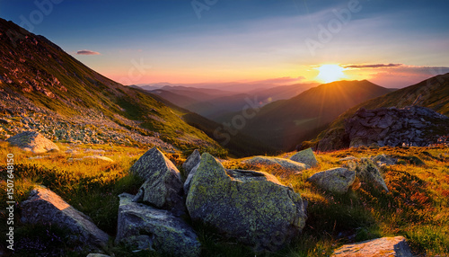 sunset in the mountains with rocks in the foreground