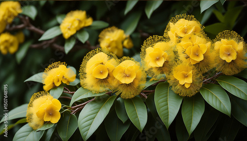 a bunch of yellow flowers on a bush with green leaves