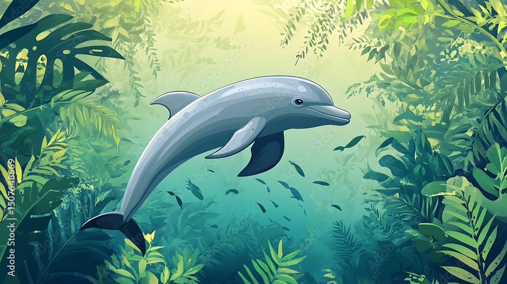 Obraz premium A dolphin leaps through a lush underwater jungle.