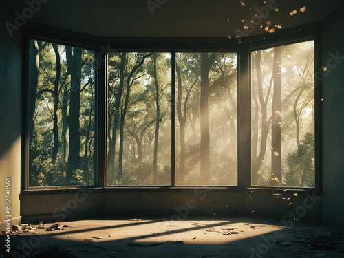 abandoned room with big windows and in forest