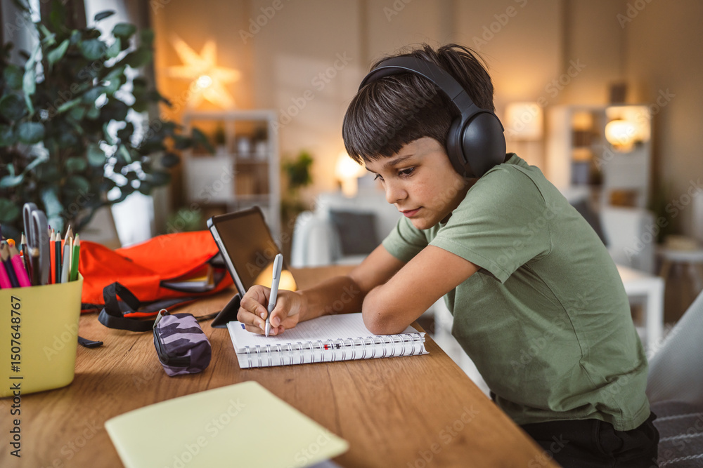boy with headphones write notes or homework in the notebook boy with headphones write notes or homework in the notebook