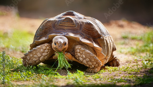 african spurred tortoise or sulcata tortoise eating grass close up