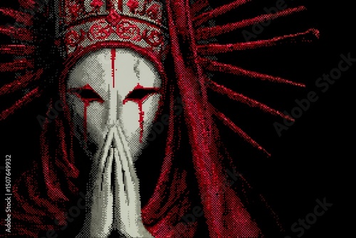 Imagen de un cráneo con corona y velo rojo, con las manos en actitud de súplica.