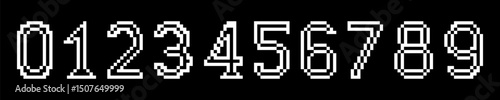 Set of pixelated numbers 0 through 9 displayed in a retro digital style with white outlines on a black background