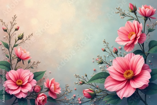 Intricate floral motif in soft hues against a faded backdrop , whimsical, background