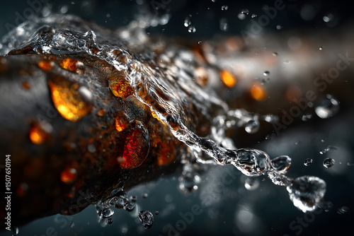 Close-up of a rusty, corroded pipe leaking water, with droplets splashing in dramatic detail, symbolizing infrastructure decay and urgent maintenance needs.
