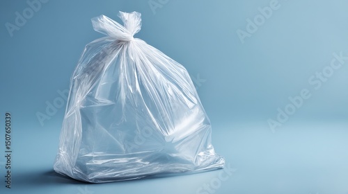 Una bolsa de plástico vacía, arrugada y con el nudo apretado, sobre un fondo azul claro.
