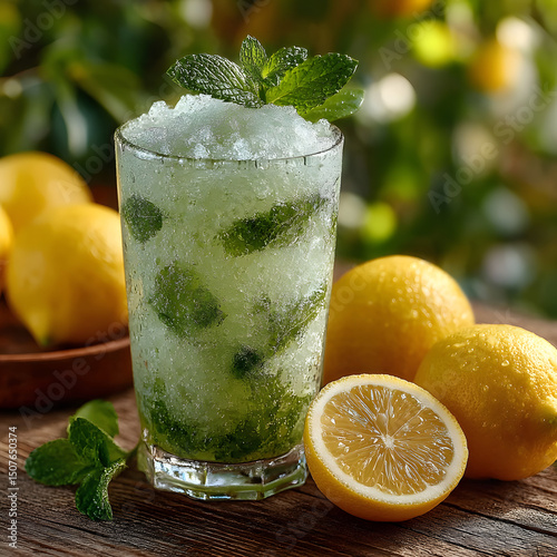 Refreshing iced mint lemonade served in a clear glass with crushed ice and fresh mint, surrounded by ripe lemons on a rustic wooden surface in natural light.
