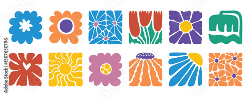 hand drawn poster abstract flowers groovy retro style. floral square botanical icon. freehand naive bright 70s style 