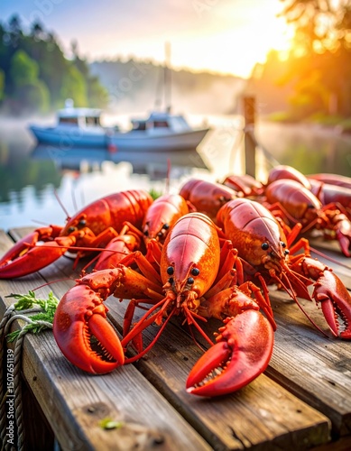 Freshly cooked lobsters on dockside table with boat at sunrise
