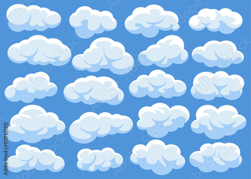 Set of cartoon clouds in different shapes and sizes. White vector fluffy cloud isolated on blue sky background. For graphic design projects, or educational materials to weather, nature or children.