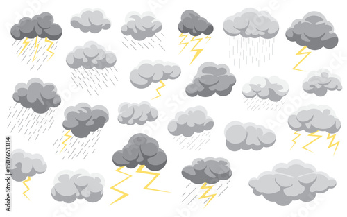 Set of cartoon style storm gray clouds featuring rain and yellow lightning in flat vector style. Cloud icons perfect for use in weather apps, eco educational materials or childrens illustrations