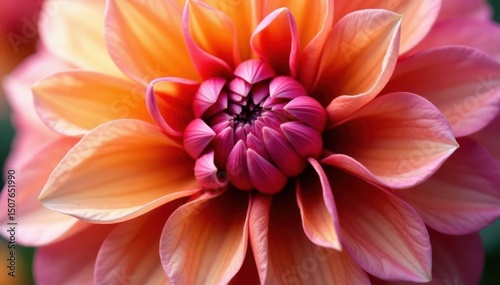 Close-up dahlia petals, layered, intricate design, rich color gradients, orange, gradient, vibrant