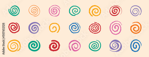 colorful spirals hand drawn swirl circle doodle hand drawn set. funny cute rainbow spirals.