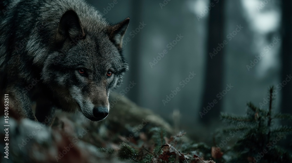 Fototapeta premium Intense Gaze of a Wild Canine in a Mysterious Forest Setting Featuring Detailed Fur Texture an