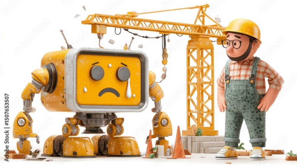 Fototapeta premium Construction Site Mishap Robot and Worker Amidst Tools and Equipment