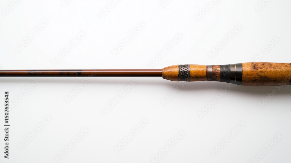 Fototapeta premium A fishing rod on a white background, showing its long, slender pole, attached reel, and line guides designed for casting and reeling in fish.