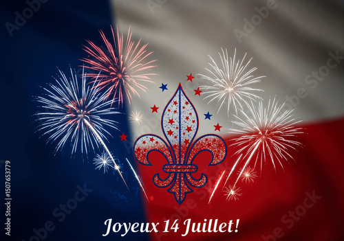 Fireworks and stylized cornflower symbol of France on the background of the French flag, celebrating July 14th.