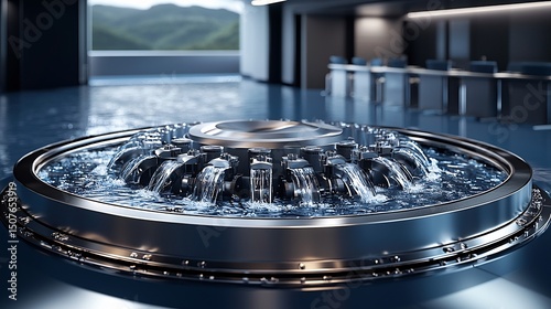 Hydro Energy Conference Room abstract depiction of flowing water turbine symbolizes power of hydro energy design serf reminder of sustainable innovation during high level meeting Deep blue metallic