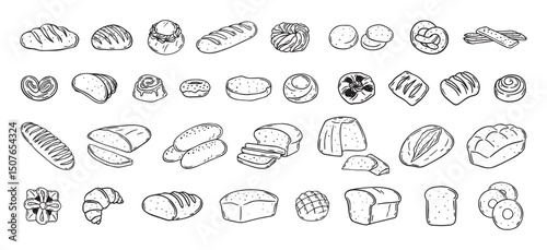 Bread different types hand drawn doodle outline icon set. Bread engraving, line art. Wheat products, baked goods, bakery