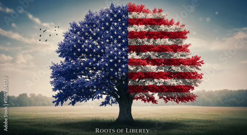 Tree with the colors of the US flag, symbol of freedom and patriotism, with the symbolic writing 'Roots of Liberty'