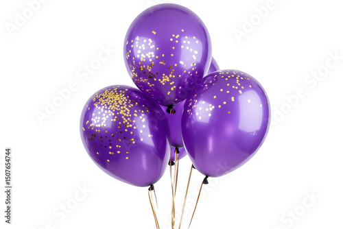 Purple balloons with gold confetti isolated on transparent background