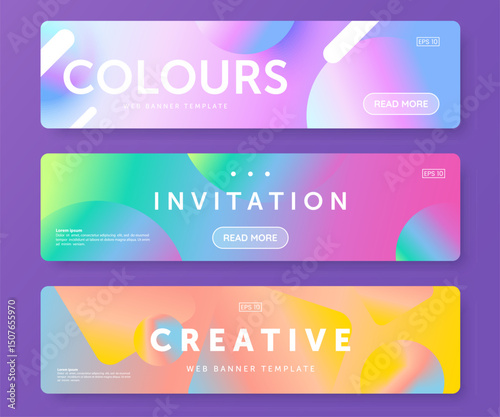 Colorful web banners with abstract vibrant gradient background and bold text. Header design for website. Coupon template. Ideal for digital ad, promotion, marketing campaign.
