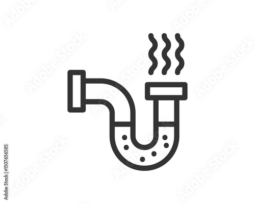 Black and white icon of a drainpipe, leaking vapor. Great for home repair, plumbing needs, maintenance and repair. Clean, bold, modern icon design.
