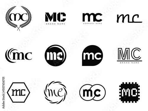 MC logo company template. Letter m and c logotype. Set different classic serif lettering and modern bold text with design elements. Initial font typography.