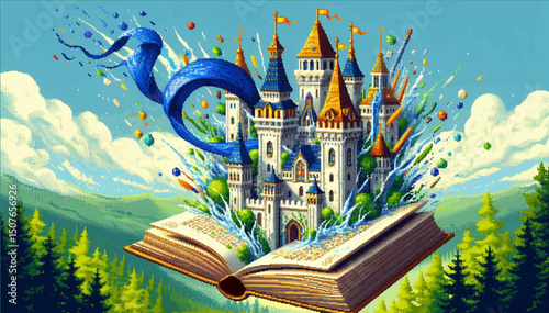 A color illustration of a fairy-tale castle that has come to life from a book that flies over a forest in the style of pixel art. Computer 8-bit graphics. Vector illustration. EPS.