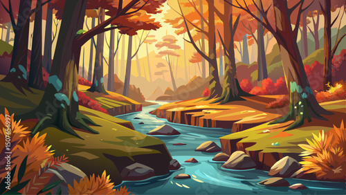 Quiet Stream Through Mossy Forest in Autumn
