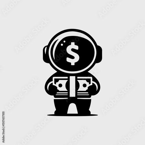 A striking black and white vector logo astronaut character holding a stack of valuable dollar bills