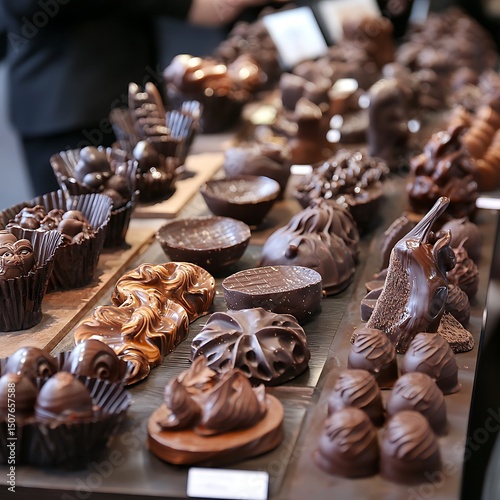 Assorted artisanal chocolate creations displayed on a table. photo