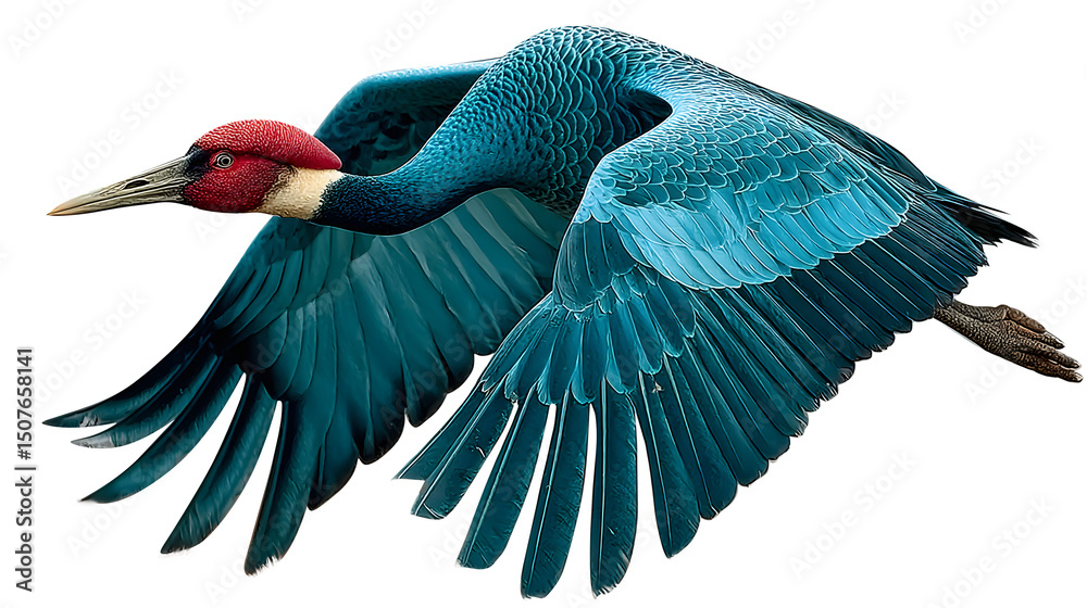 Fototapeta premium Blue crane in flight, wings spread, isolated on transparent background, showcasing vibrant plumage and detailed features