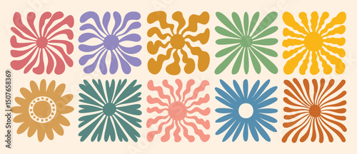 retro groovy flower daisy naive icon doodle hand drawn set. abstract wavy ray logo in trendy 70s style. boho colorful groovy sun psychedelic vintage background or summer poster