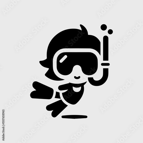 A charming black vector logo silhouette of a child with snorkeling gear