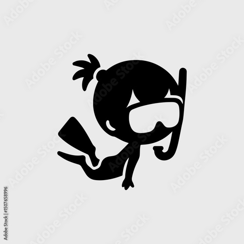A charming black vector logo silhouette of a child with snorkeling gear