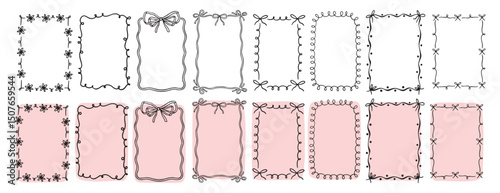 hand drawn doodle pink cute borders for wedding invitation with bows, quirky trendy whimsical frames for girl birthday, wavy borders. Empty cute line frames