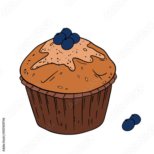 Appetizing blueberry muffin sweet baked dessert confectionery with paper cup Baked sweet treats dessert. Outline food art pastry	
