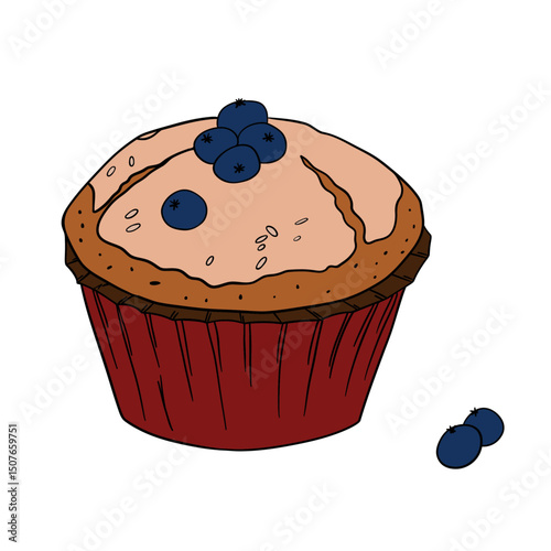 Appetizing blueberry muffin sweet baked dessert confectionery with paper cup Baked sweet treats dessert. Outline food art pastry	
