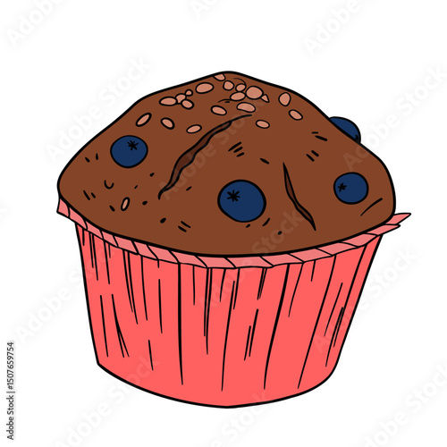 Appetizing blueberry muffin sweet baked dessert confectionery with paper cup Baked sweet treats dessert. Outline food art pastry	
