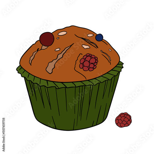 Appetizing blueberry and raspberry muffin sweet baked dessert confectionery with paper cup Baked sweet treats dessert. Outline food art pastry	