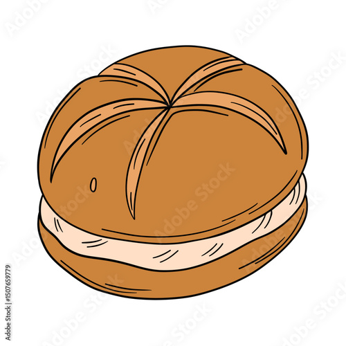 Appetizing fresh yummy bun bread. food. Delicious tasty biscuit treats. Outline food art pastry