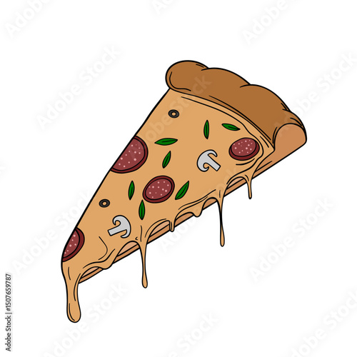 Appetizing piece of melted cheese pizza baked sliced. Delicious meal dish. Outline food art pastry	