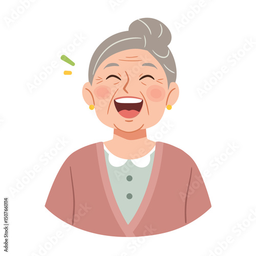 Elderly woman laughing with delight and eyes closed, happy and content aging concept. Vector illustration. Grandmother or mother smiling
