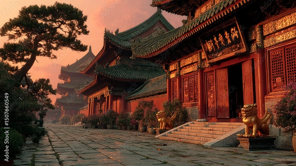 Fototapeta premium Traditional Architecture with Golden Guardians and Serene Garden at Sunset