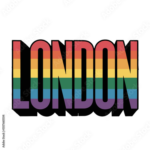 Rainbow colored London caption reflects pride and diversity during a festive celebration in the city